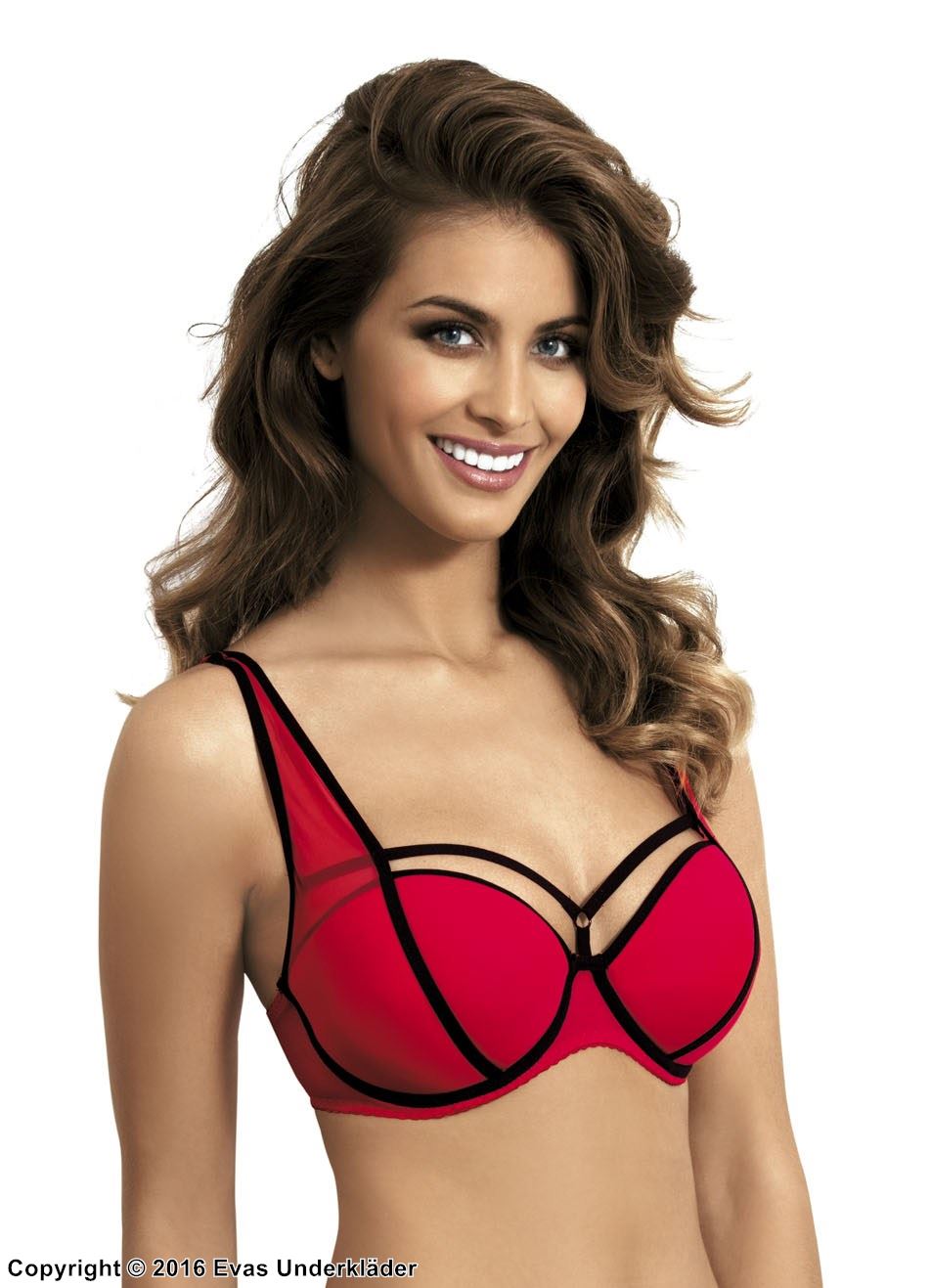 Push-up bra, straps over bust, A to F-cup